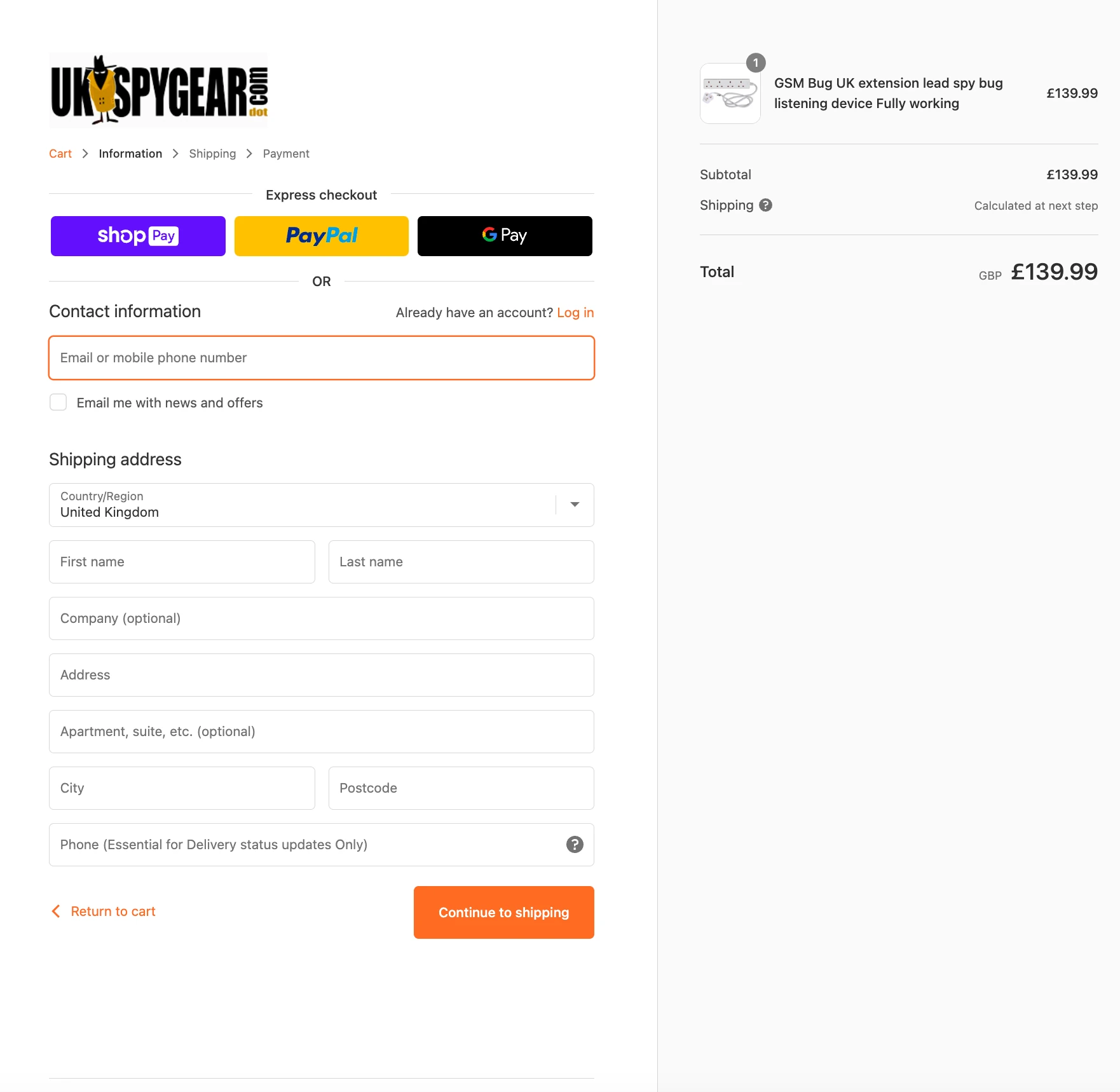 Uk SpyGear.com Shopify Shopping Cart Example